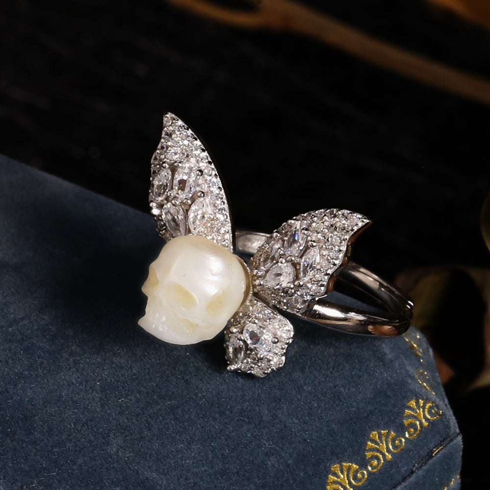 Exquisite CZ Butterfly Pearl Skull Ring