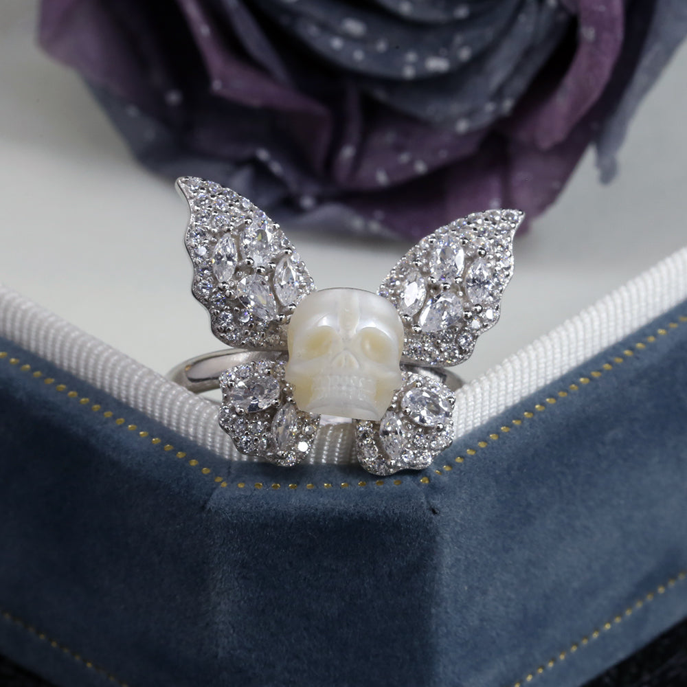 Exquisite CZ Butterfly Pearl Skull Ring