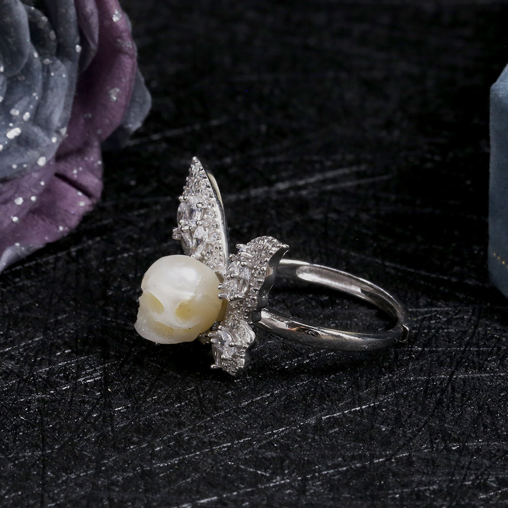 Exquisite CZ Butterfly Pearl Skull Ring