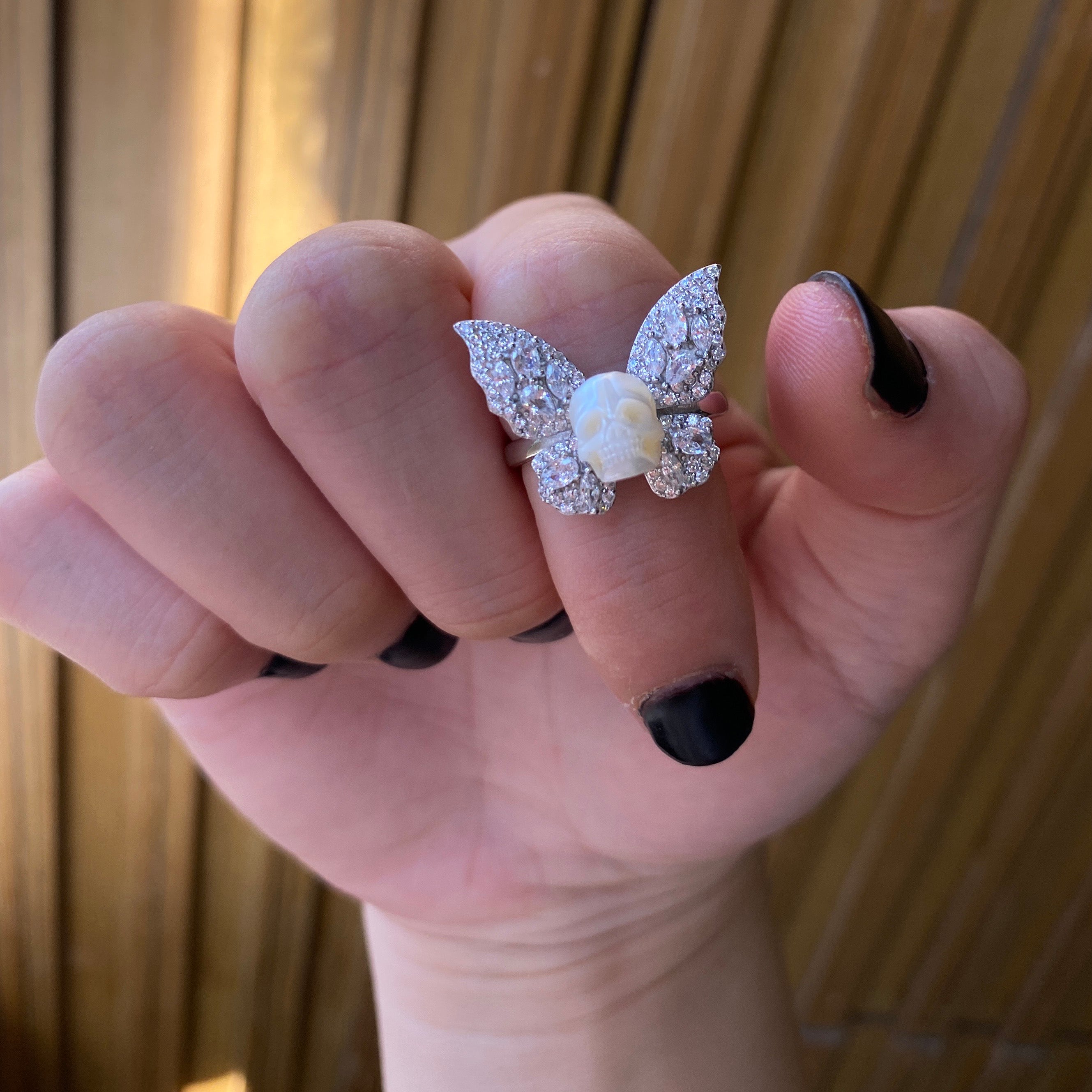 Exquisite CZ Butterfly Pearl Skull Ring