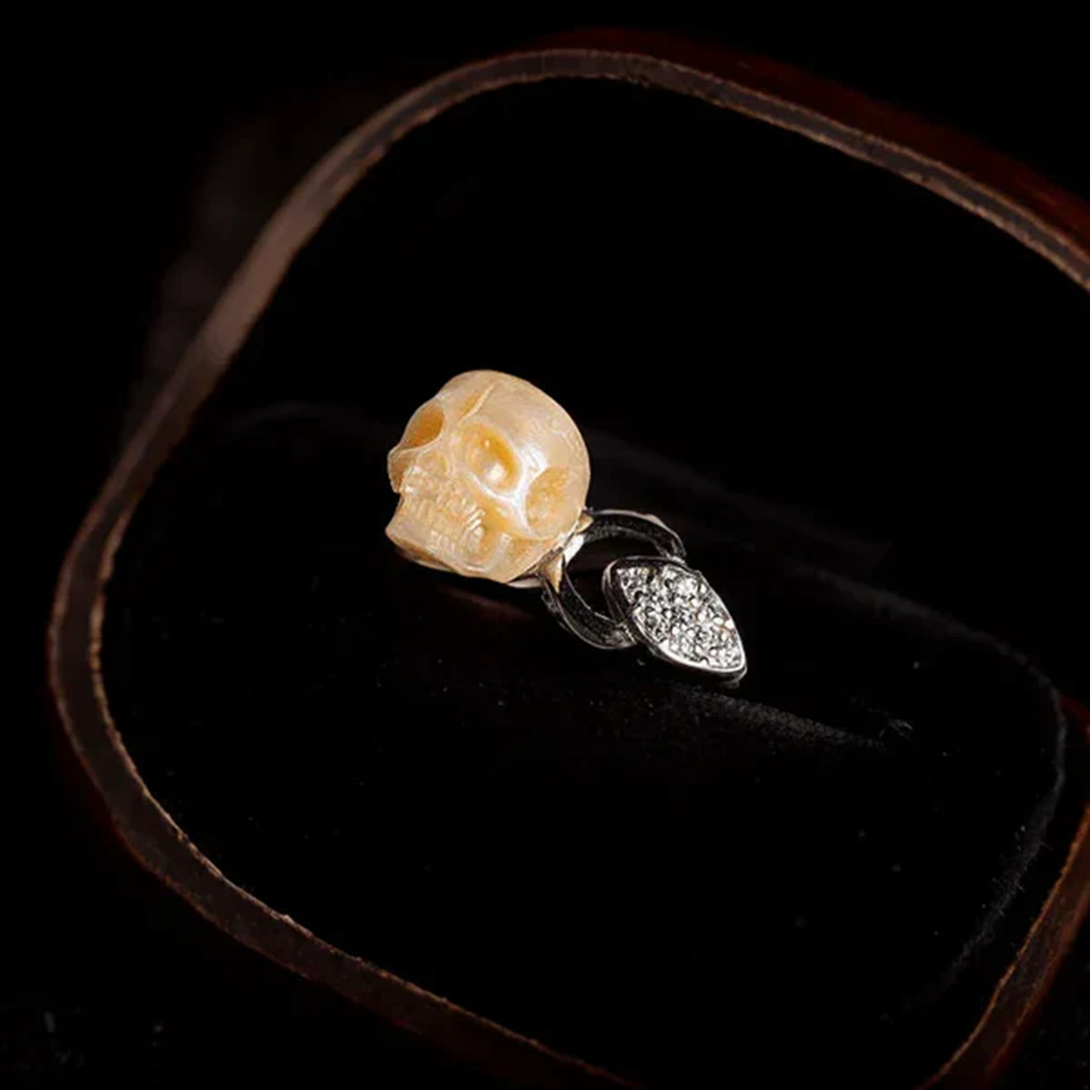 Exquisite Pearl Skull and Leaf CZ Statement Ring
