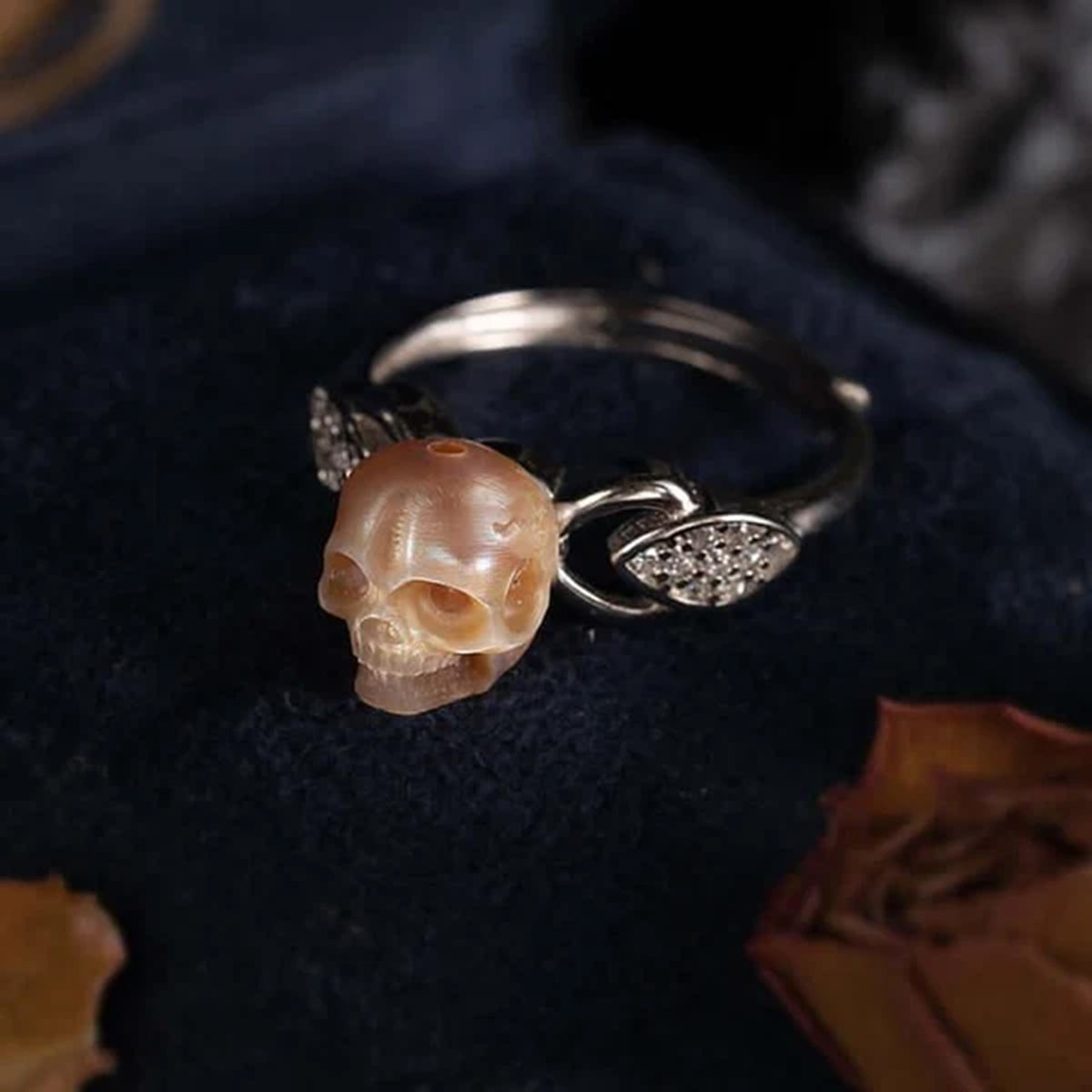 Exquisite Pearl Skull and Leaf CZ Statement Ring