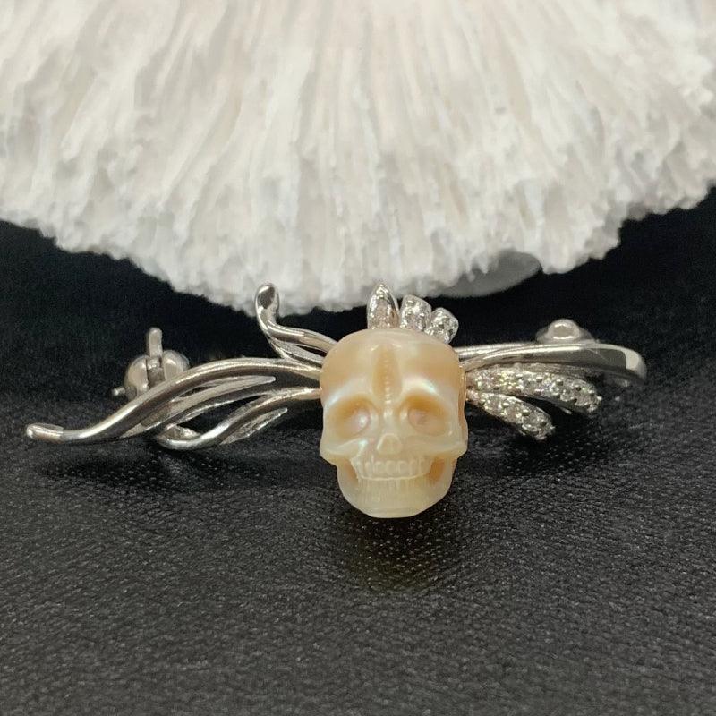 Fancy Corsage Pearl Skull CZ Brooch