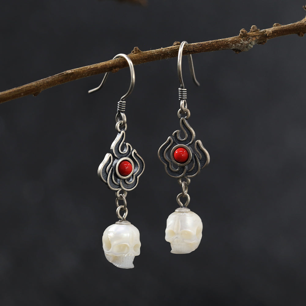 Flame-shaped Pearl Skull Earrings