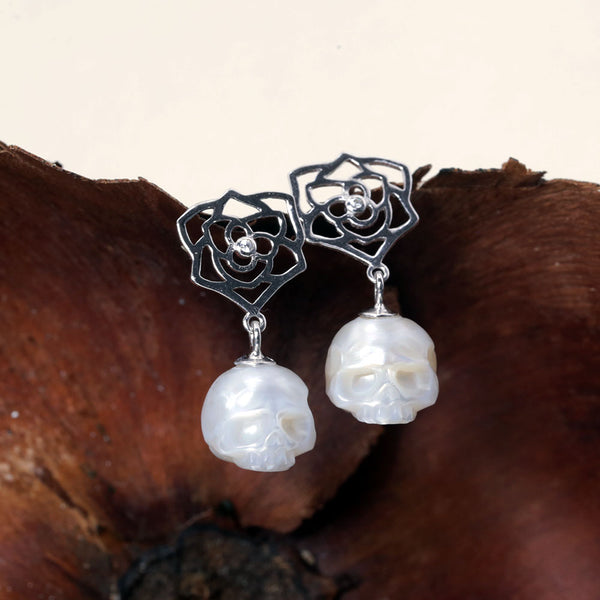 Floral Openwork Rose Pearl Cranium Drop Earrings-Belle Juri