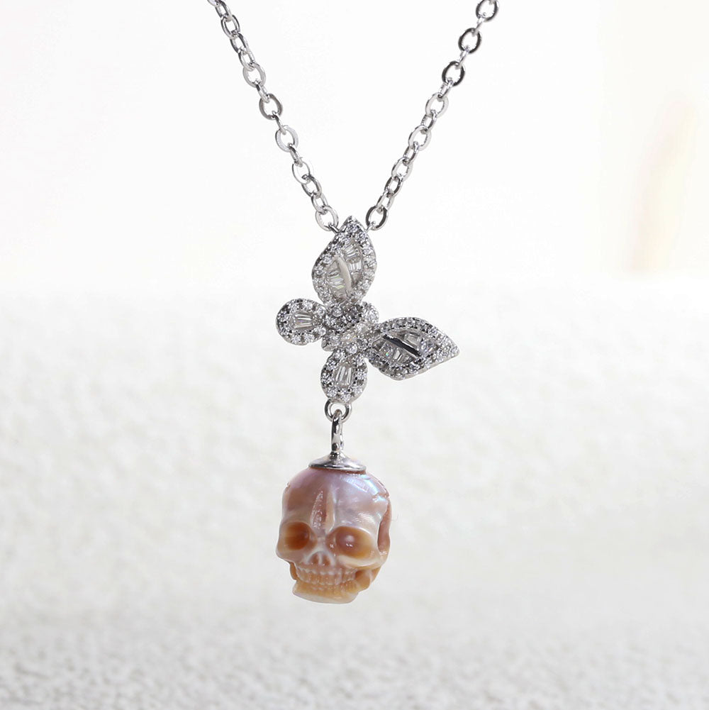 Flying Zircon Butterfly Pearl Skull Necklace