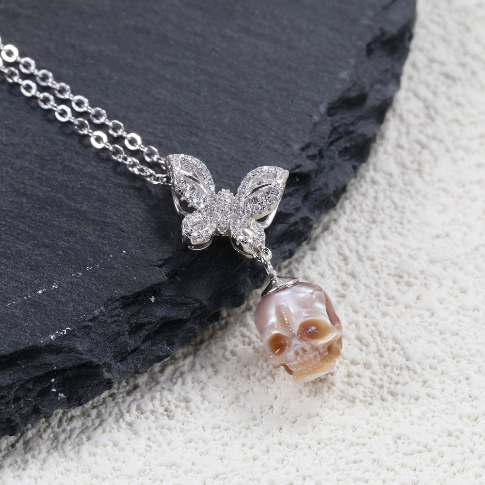 Flying Zircon Butterfly Pearl Skull Necklace