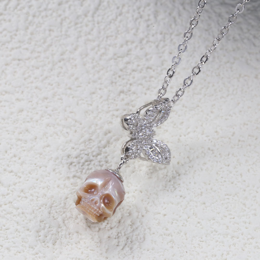 Flying Zircon Butterfly Pearl Skull Necklace