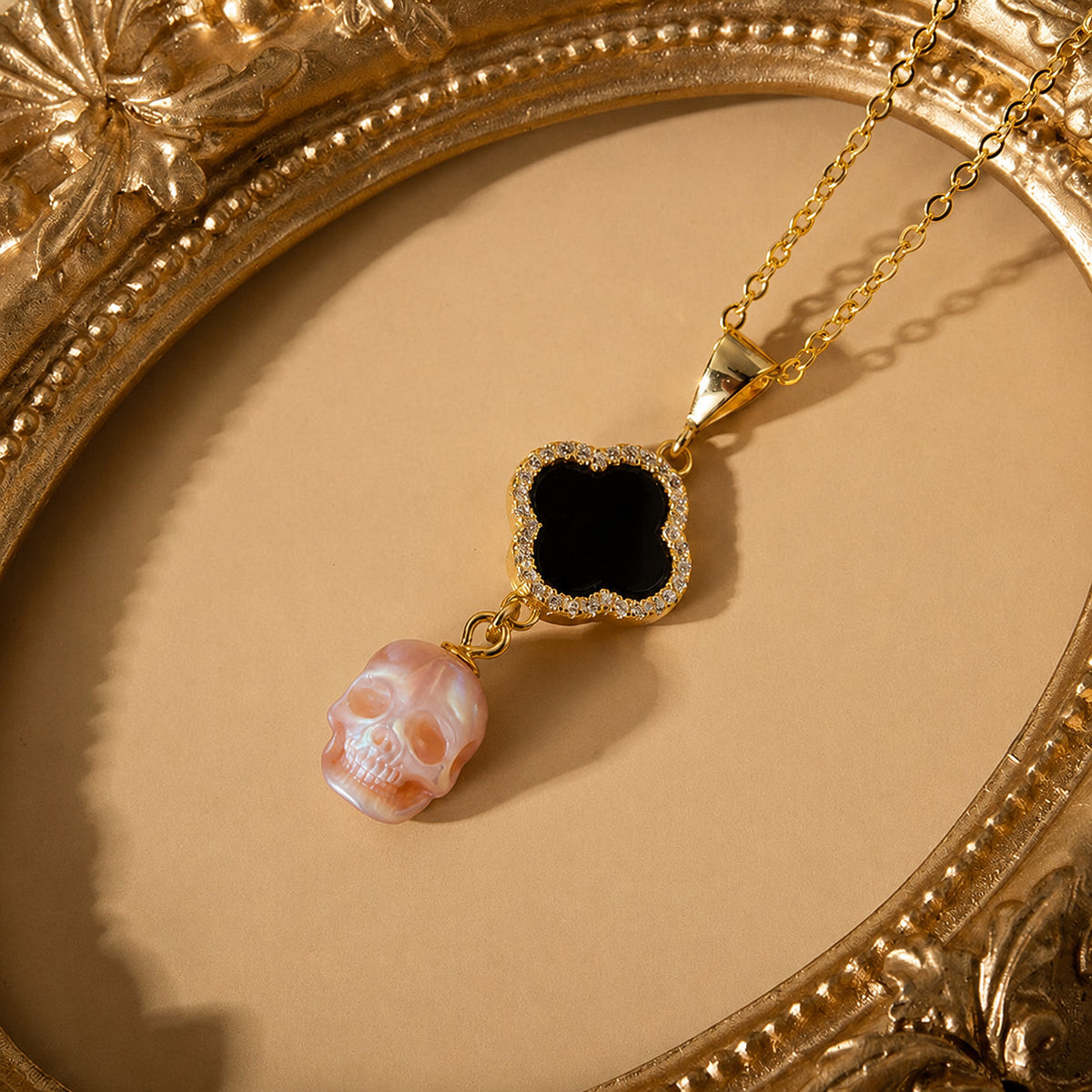 Four-Leaf Clover Pearl Skull Pendant Necklace