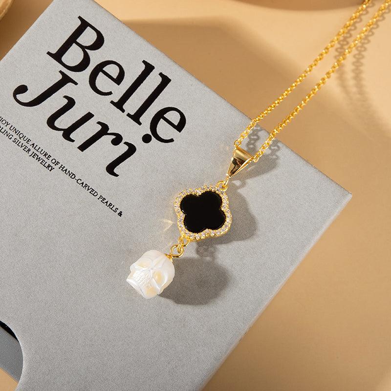 Four Leaf Clover Pearl Skull Necklace - Belle Juri