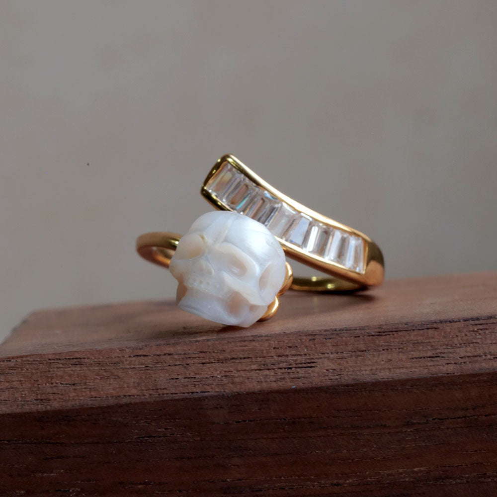 Gemstone Cluster Pearl Skull Open Ring