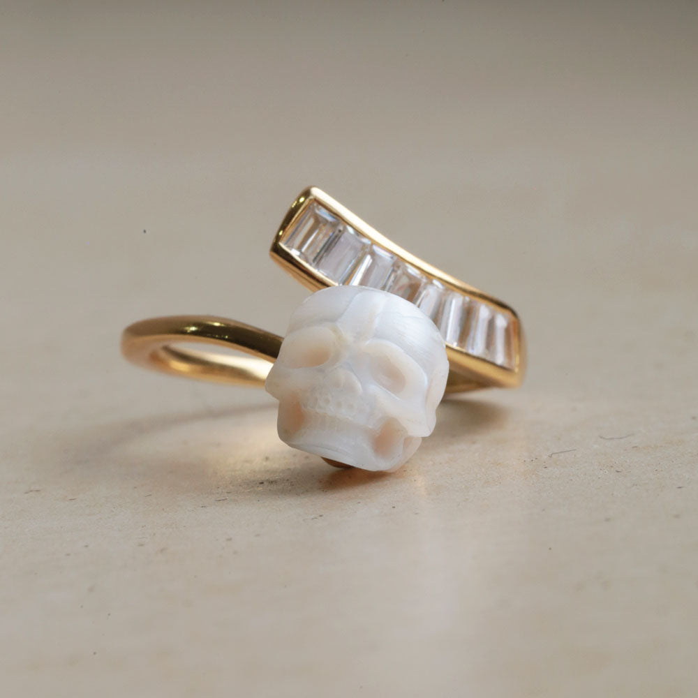 Gemstone Cluster Pearl Skull Open Ring