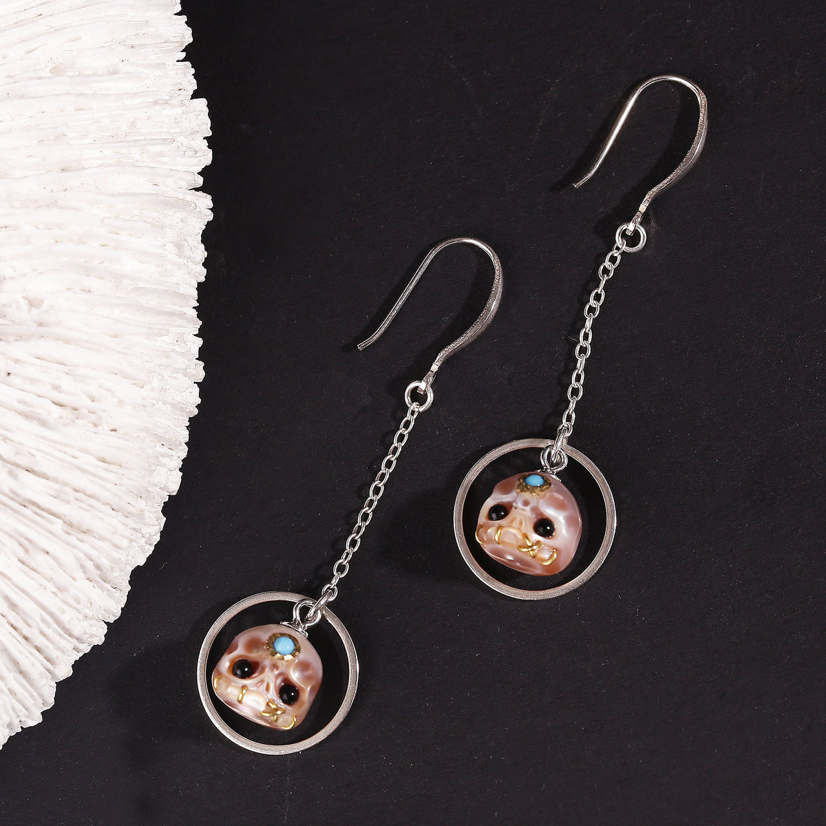 Geometric Carved Pearl Skull Śmaśana Dangle Earrings