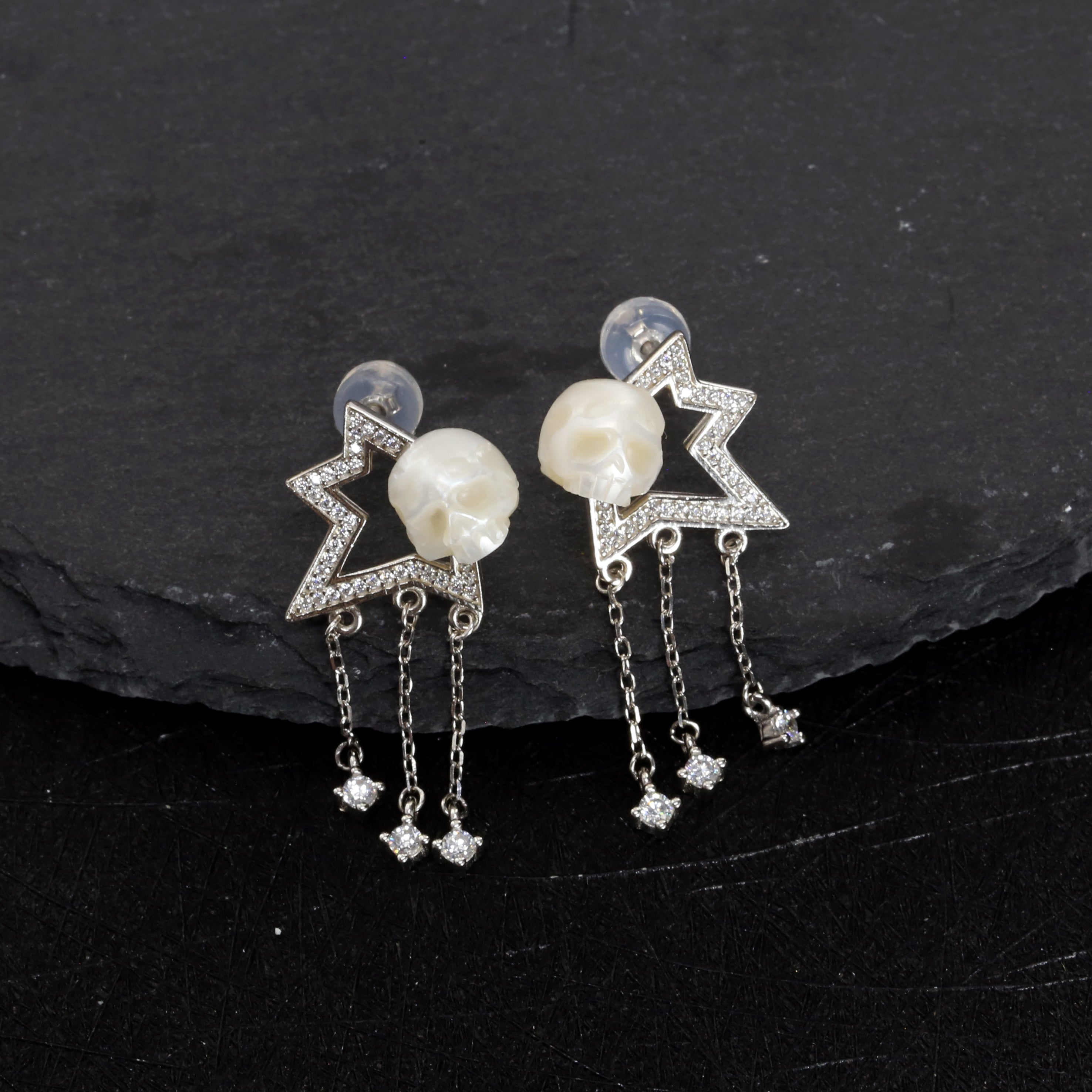 Geometric Four-Pointed Star CZ Pearl Skull Earrings