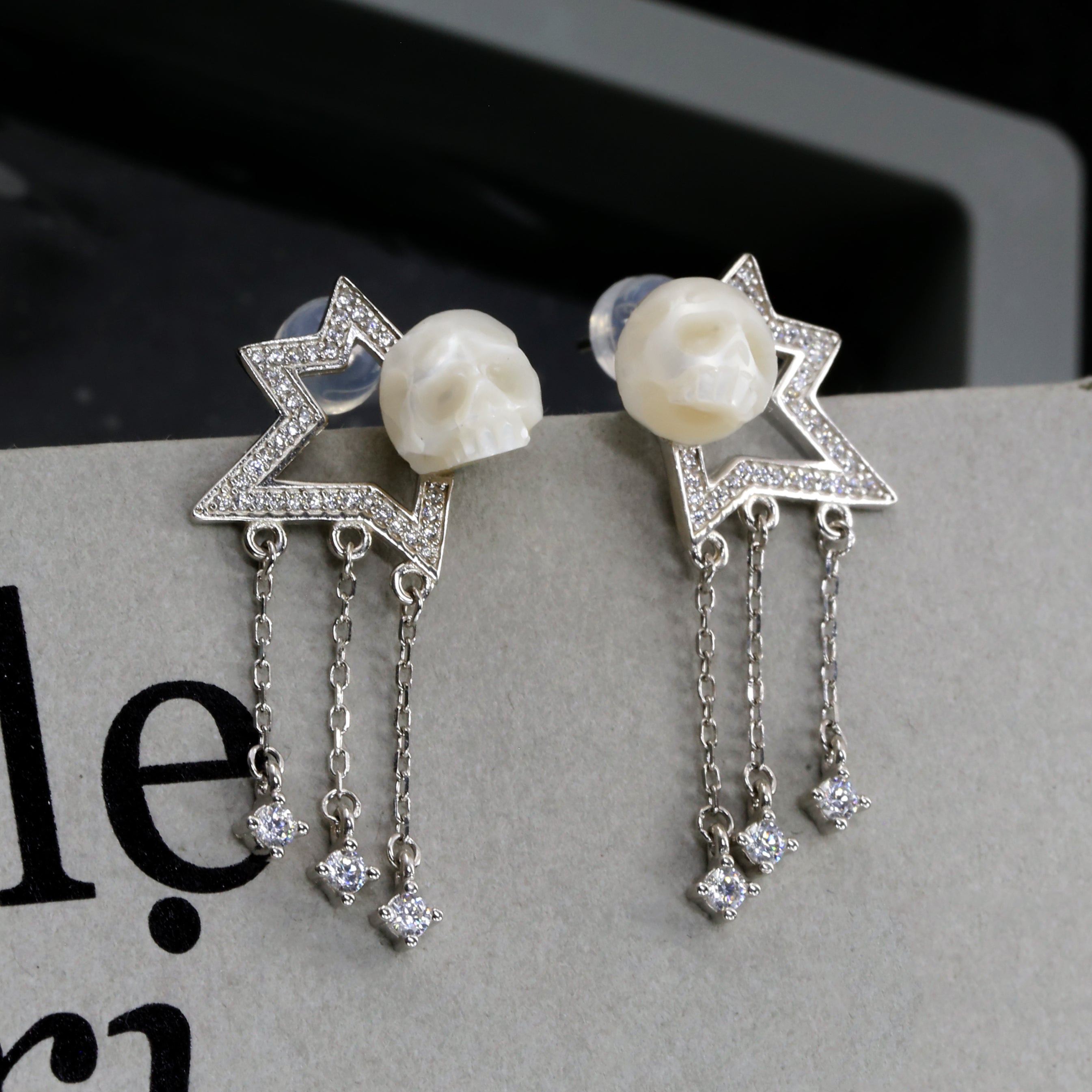 Geometric Four-Pointed Star CZ Pearl Skull Earrings