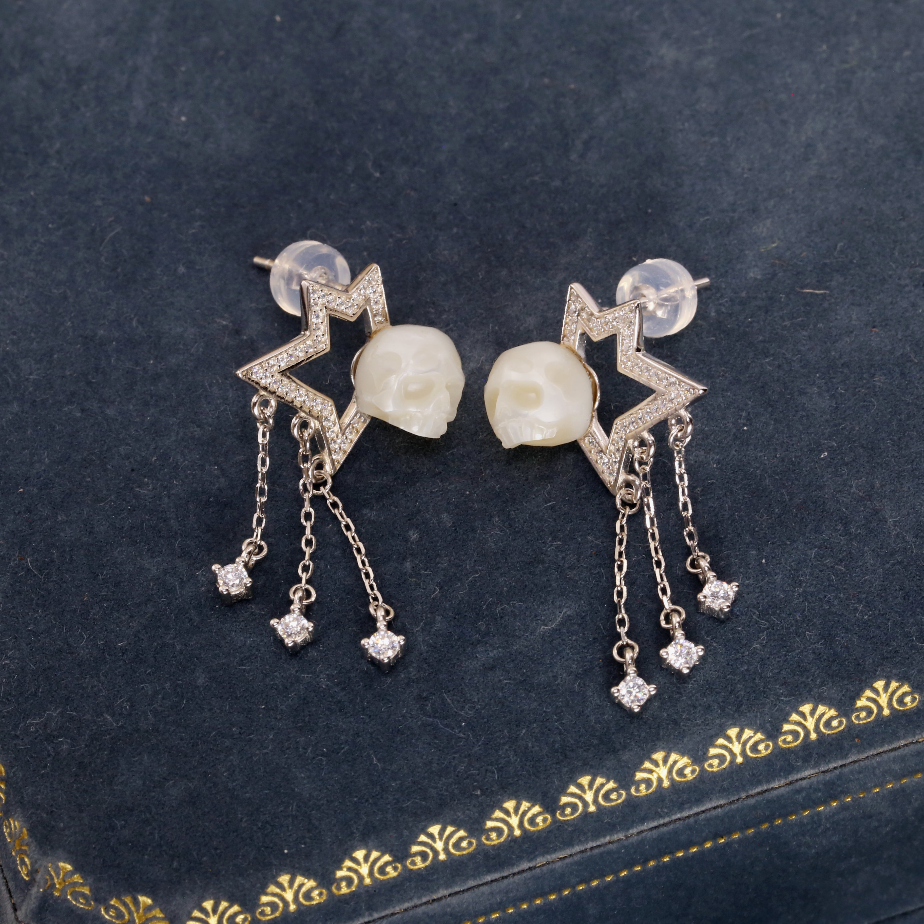 Geometric Four-Pointed Star CZ Pearl Skull Earrings