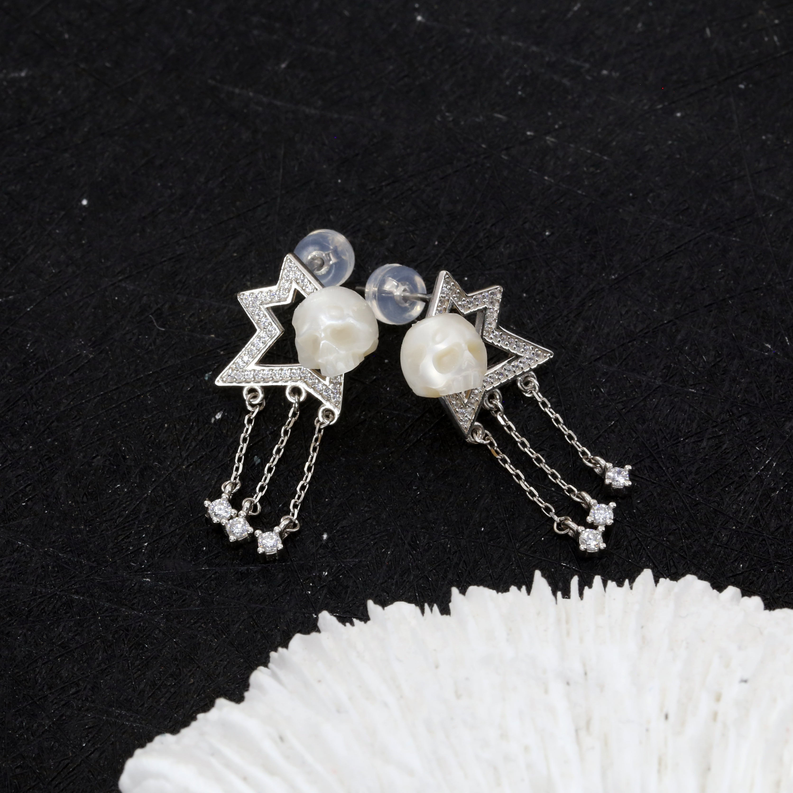 Geometric Four-Pointed Star CZ Pearl Skull Earrings