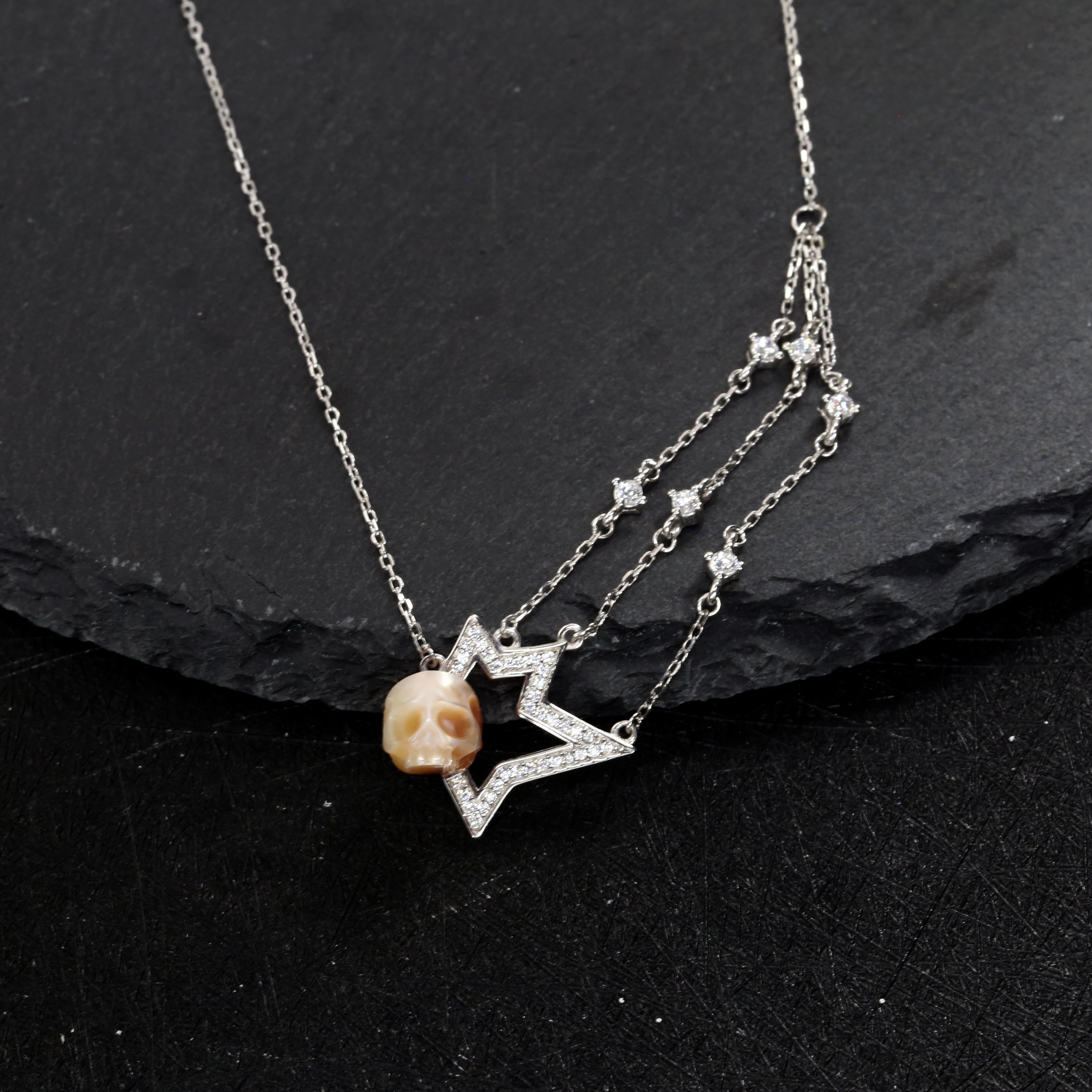 Geometric Four-Pointed Star CZ Pearl Skull Necklace