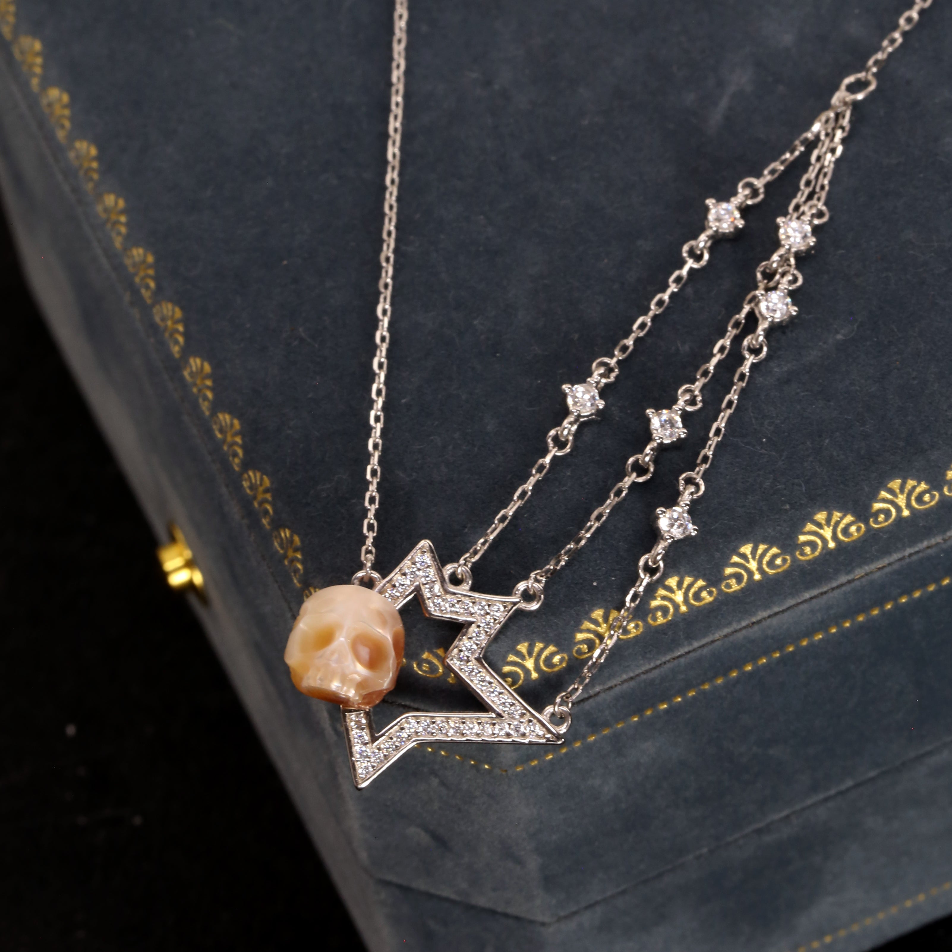 Geometric Four-Pointed Star CZ Pearl Skull Necklace