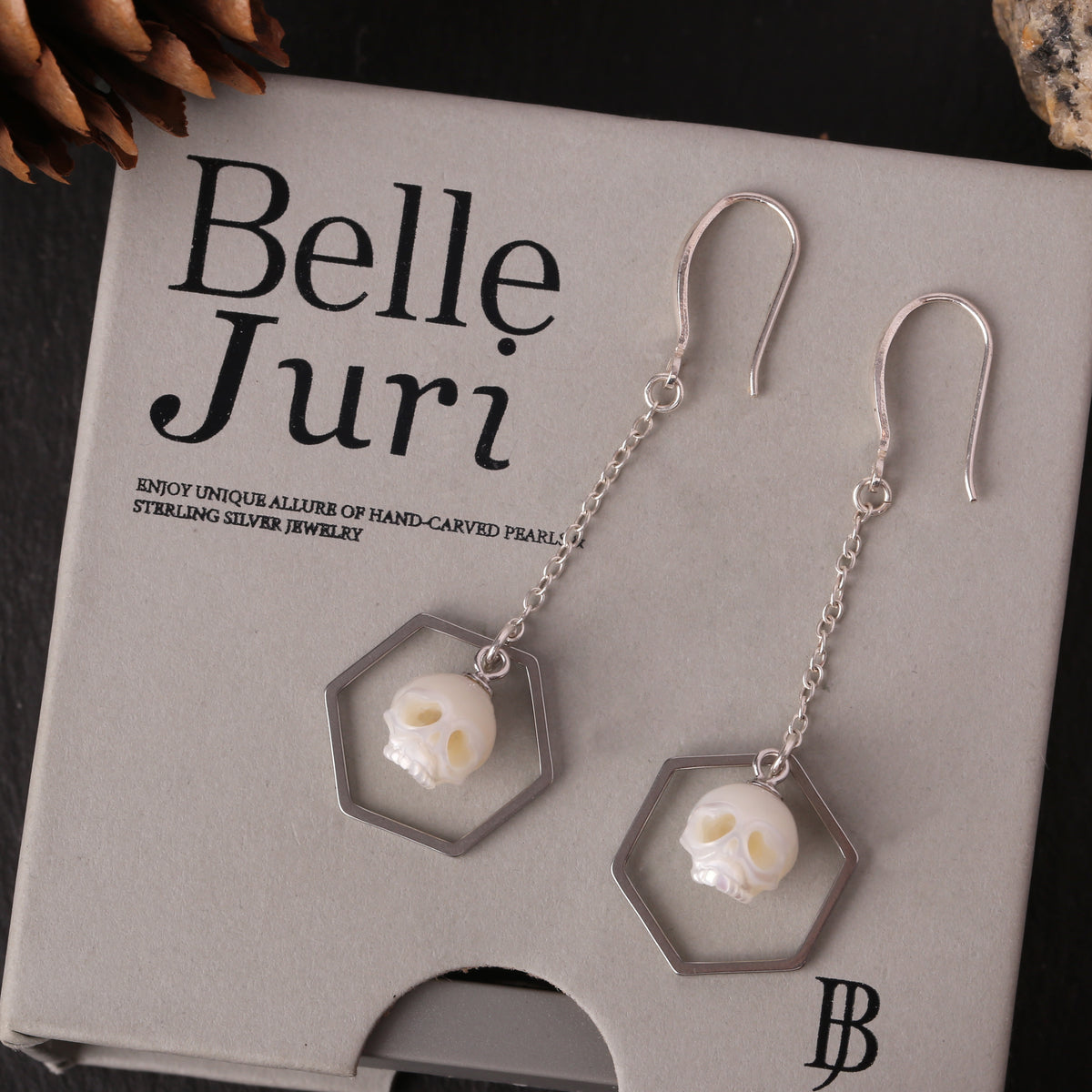 Geometric Hexagonal Carved Pearl Cranium Earrings
