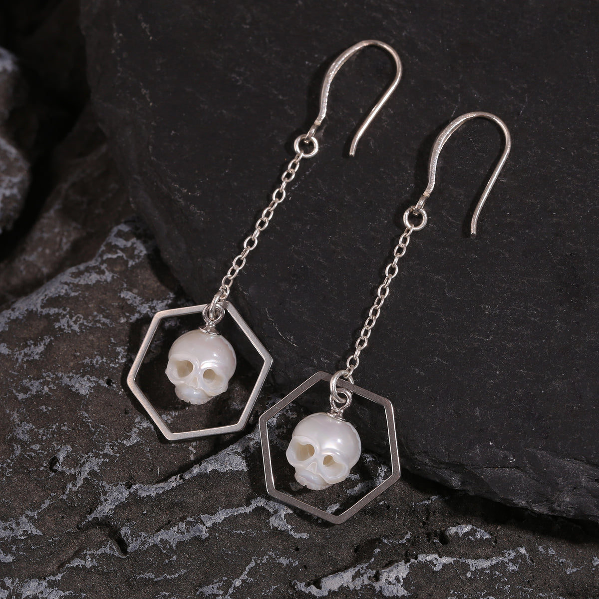 Geometric Hexagonal Carved Pearl Cranium Earrings