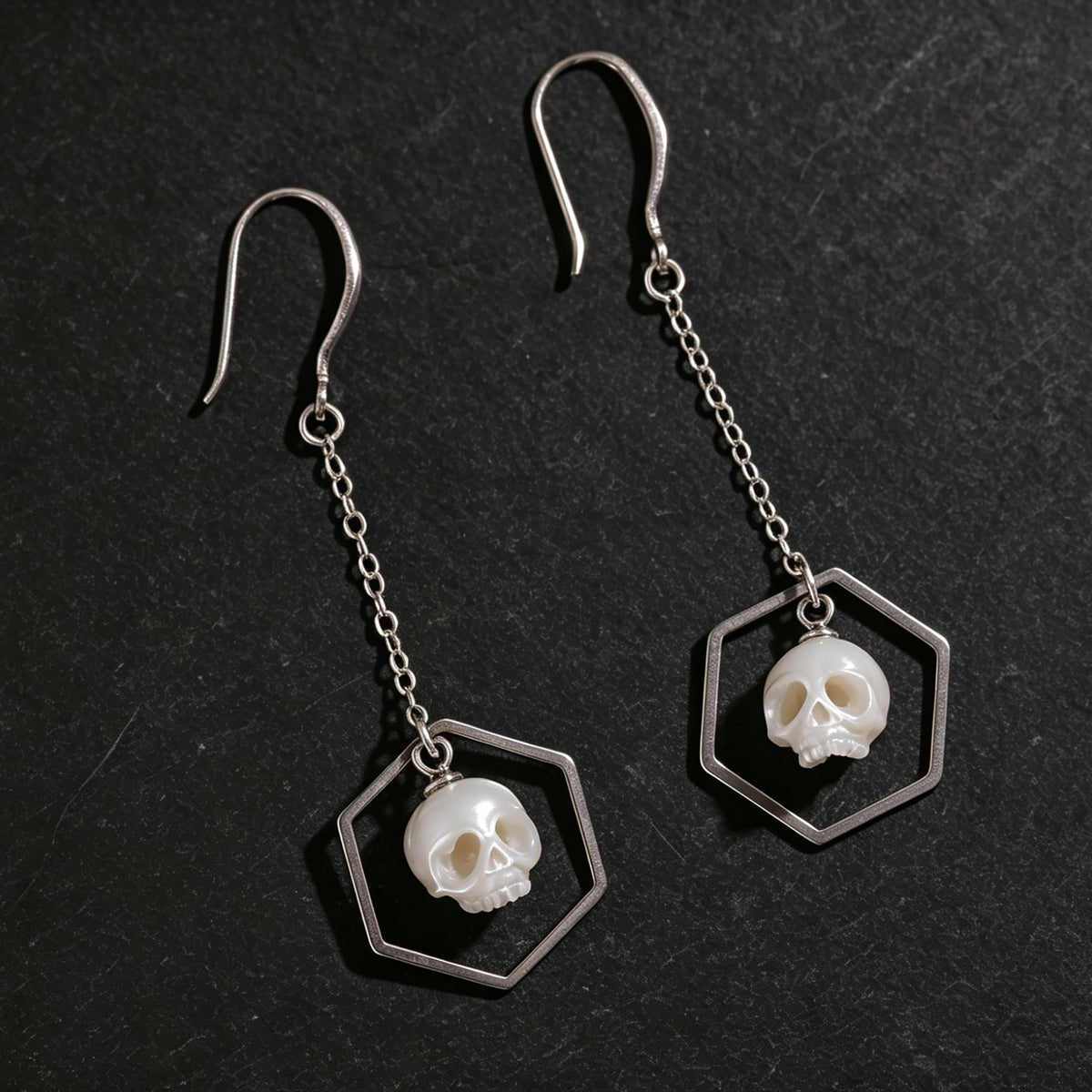Geometric Hexagonal Carved Pearl Cranium Earrings