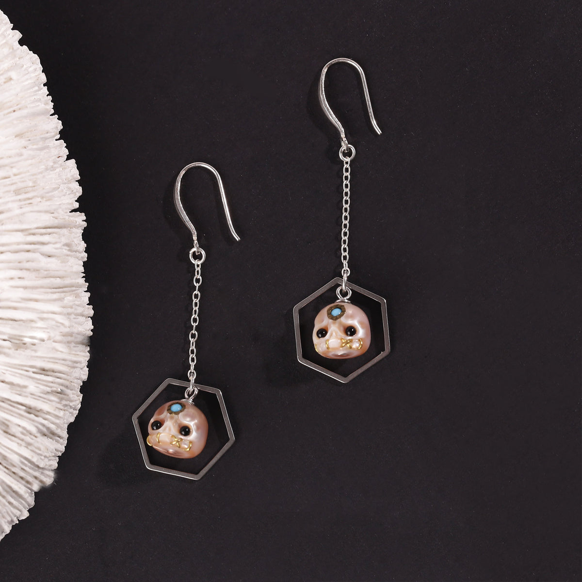 Geometric Hexagonal Carved Pearl Skull Śmaśana Earrings