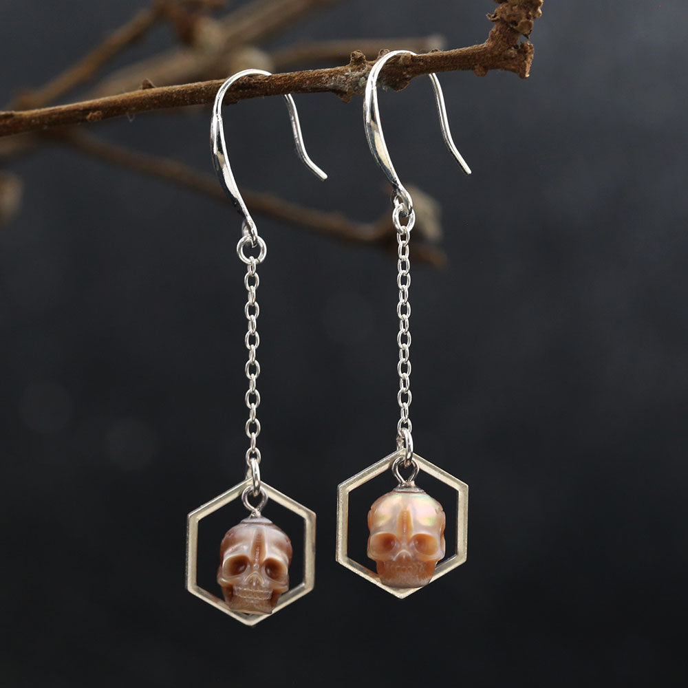 Geometric Hexagonal Pearl Skull Drop Earrings