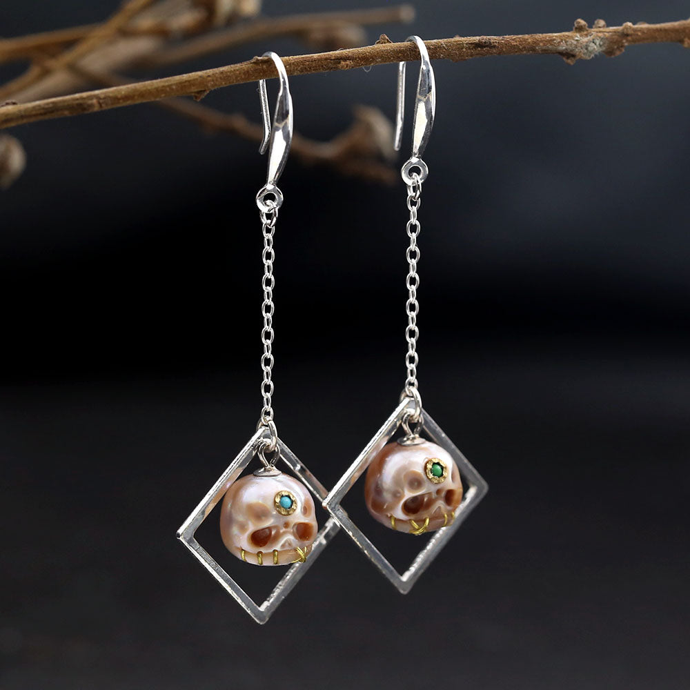 Geometric Modern Rhombic Śmaśana Pearl Skull Drop Earrings