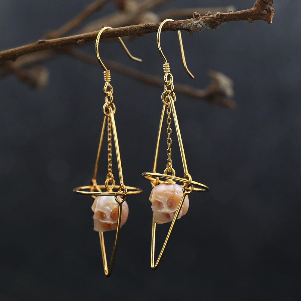 Geometric Pearl Skull Cage Dangle Earrings