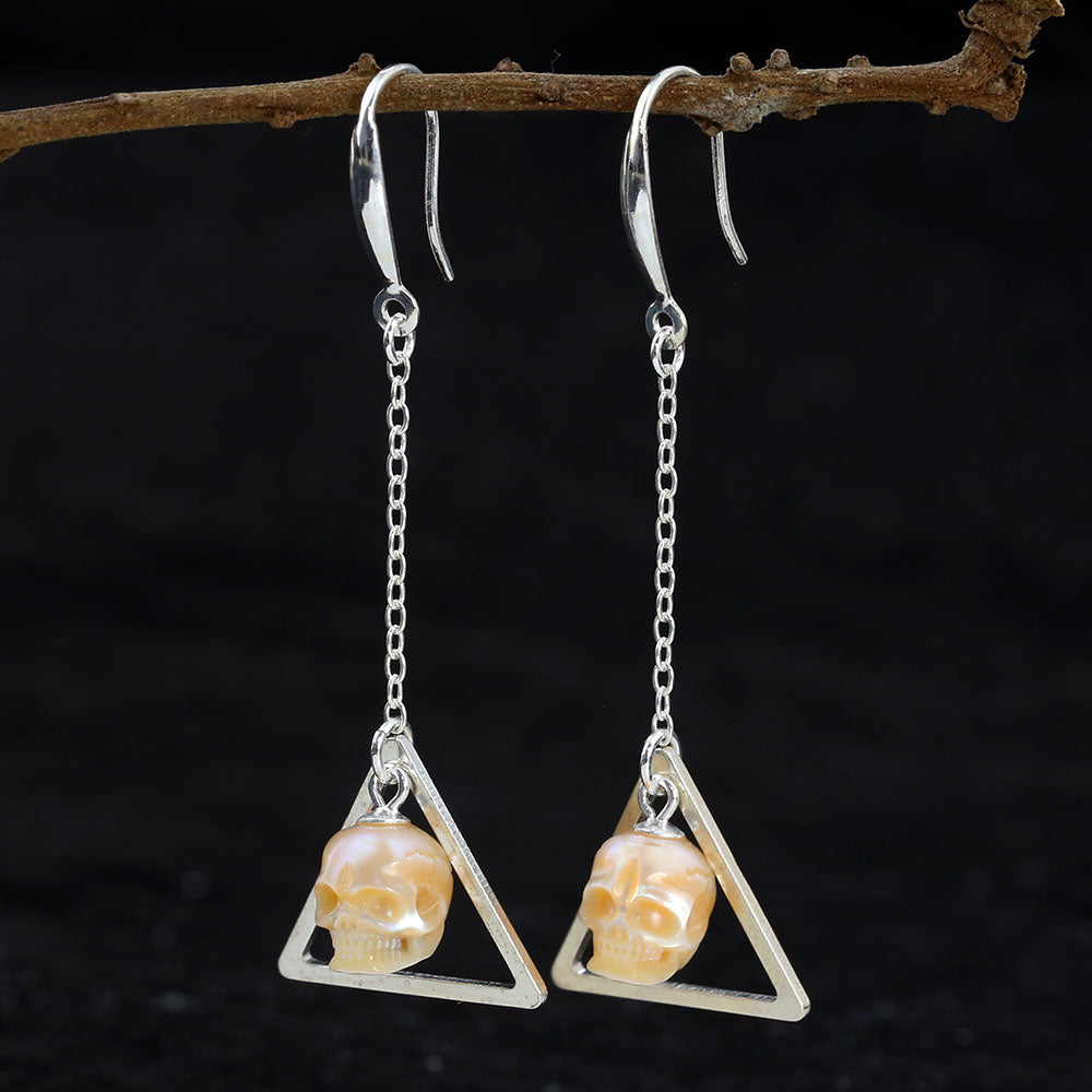 Geometric Pearl Skull Triangle Openwork Dangle Earrings