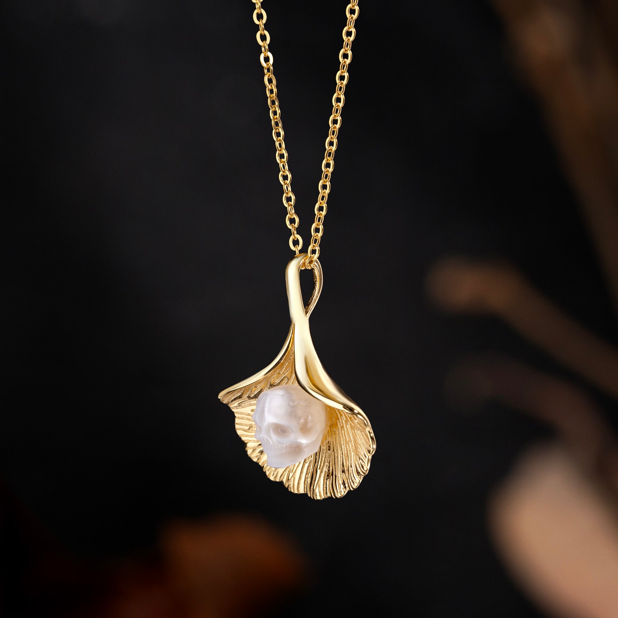Ginkgo Leaf Pearl Skull Necklace