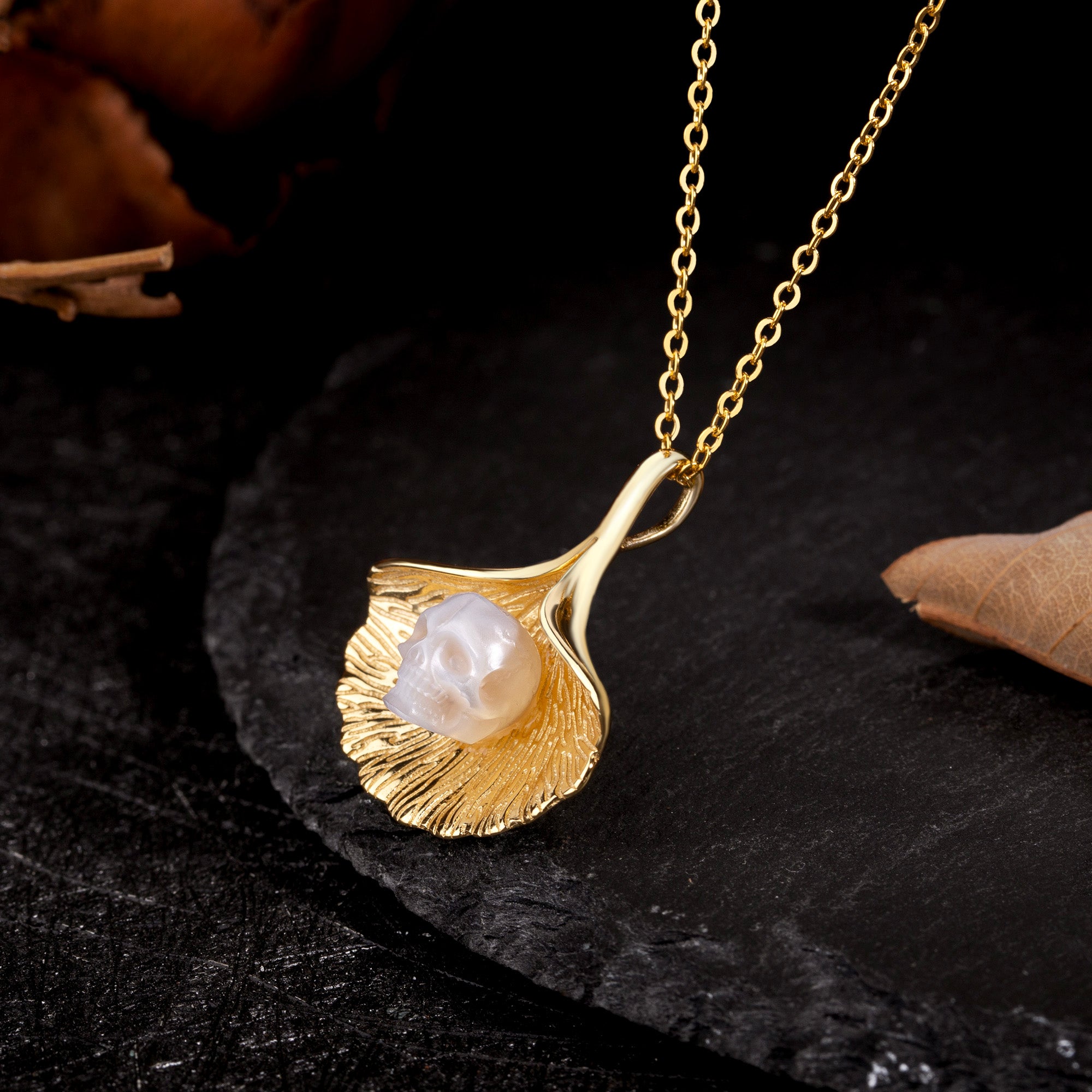 Ginkgo Leaf Pearl Skull Necklace
