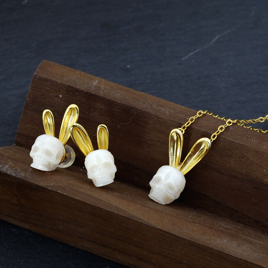 Gold Bunny Ears Pearl Skull Jewelry Set