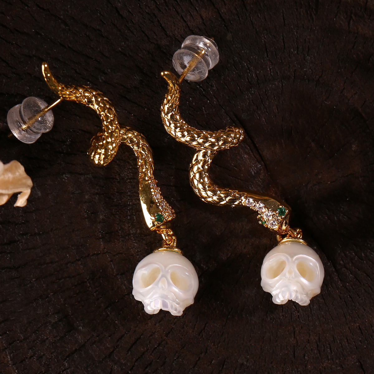 Gold Snake Pearl Skull Drop Earrings