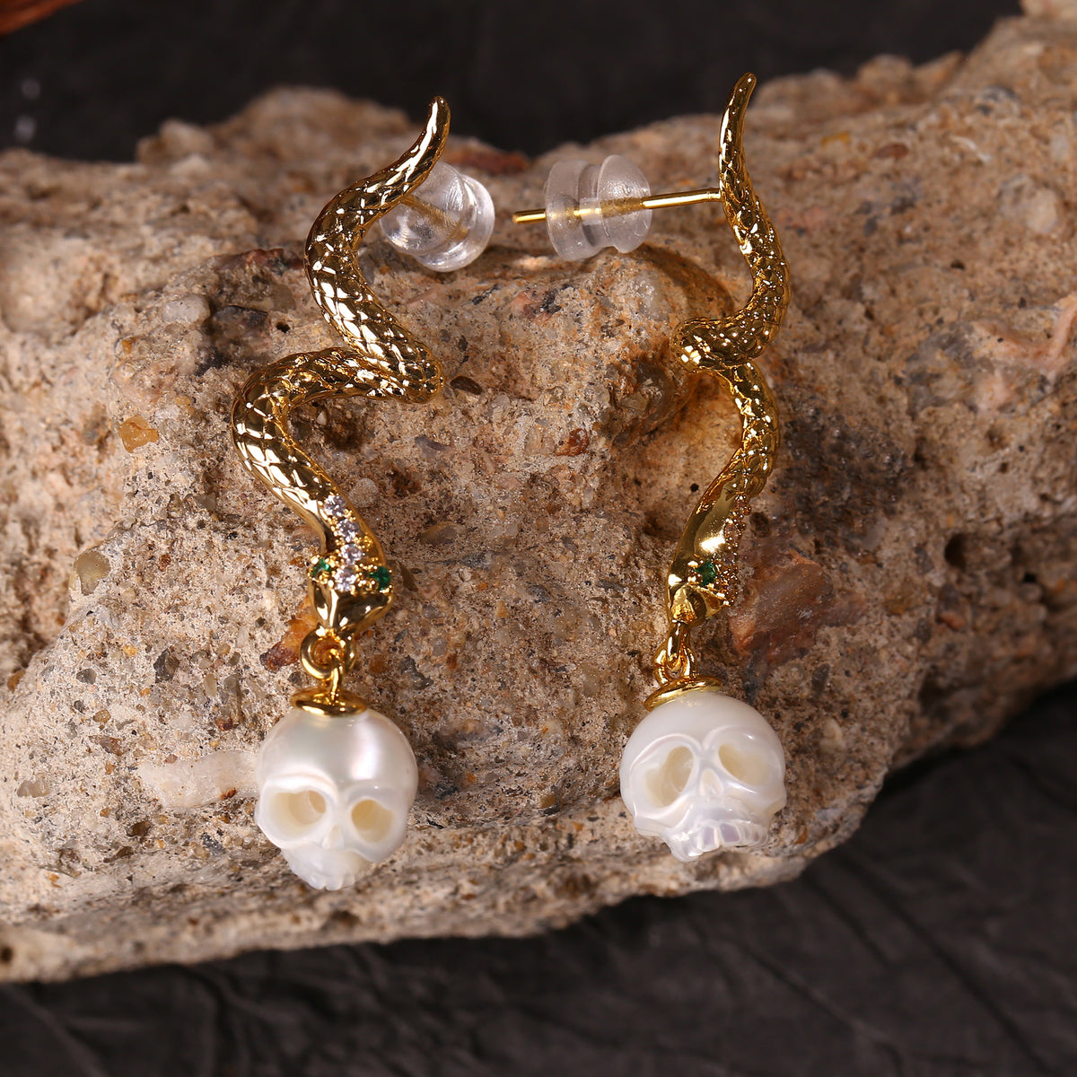 Gold Snake Pearl Skull Drop Earrings