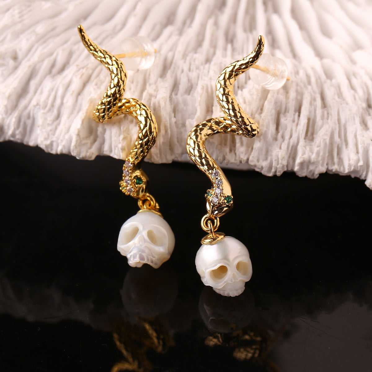 Gold Snake Pearl Skull Drop Earrings