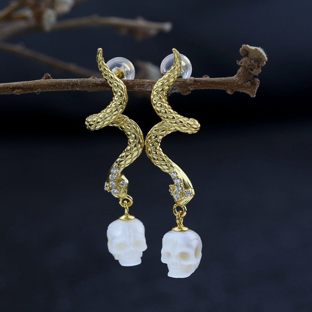 Gold Snake Pearl Skull Earrings