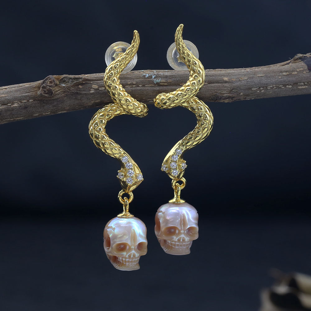 Gold Snake Pearl Skull Earrings