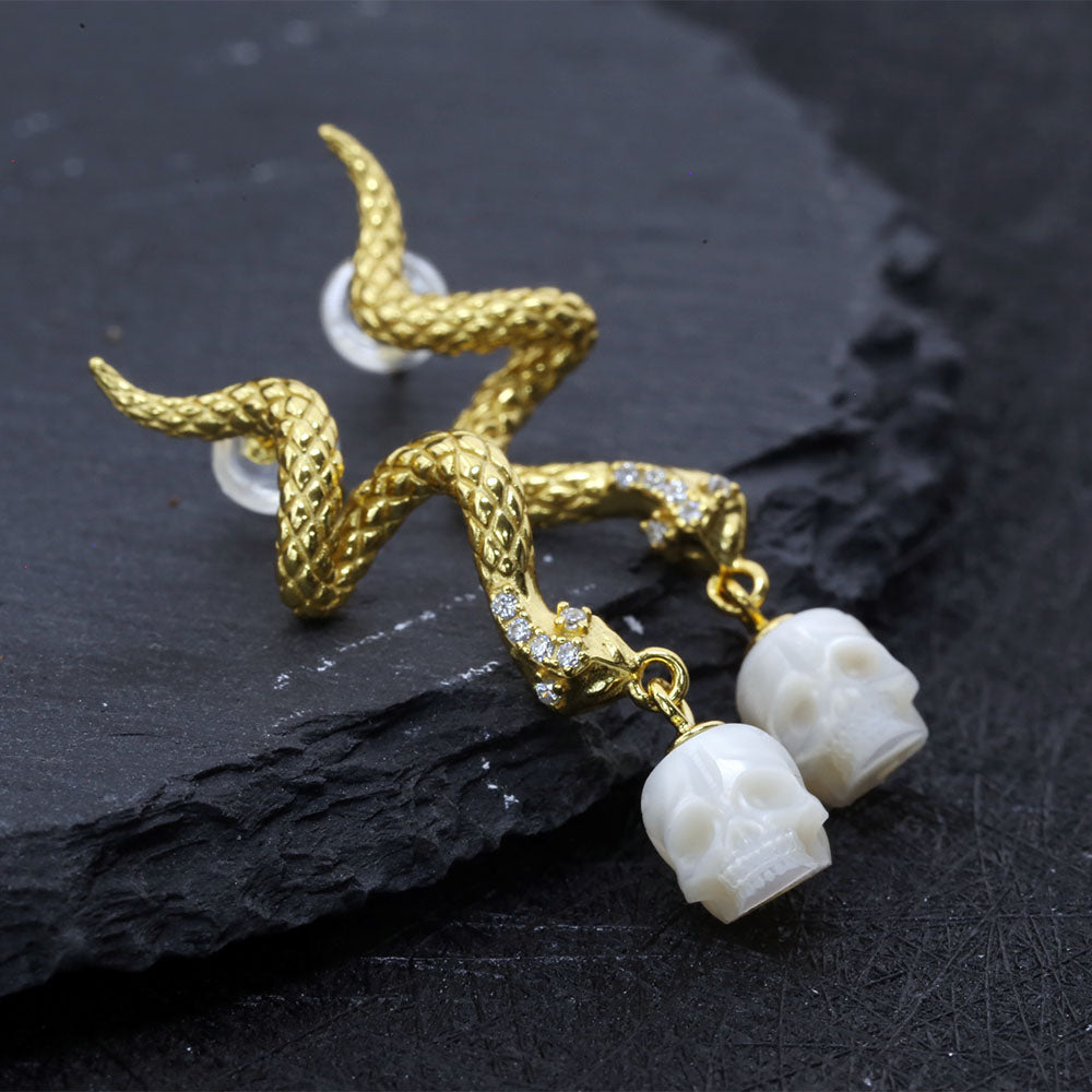 Gold Snake Pearl Skull Earrings