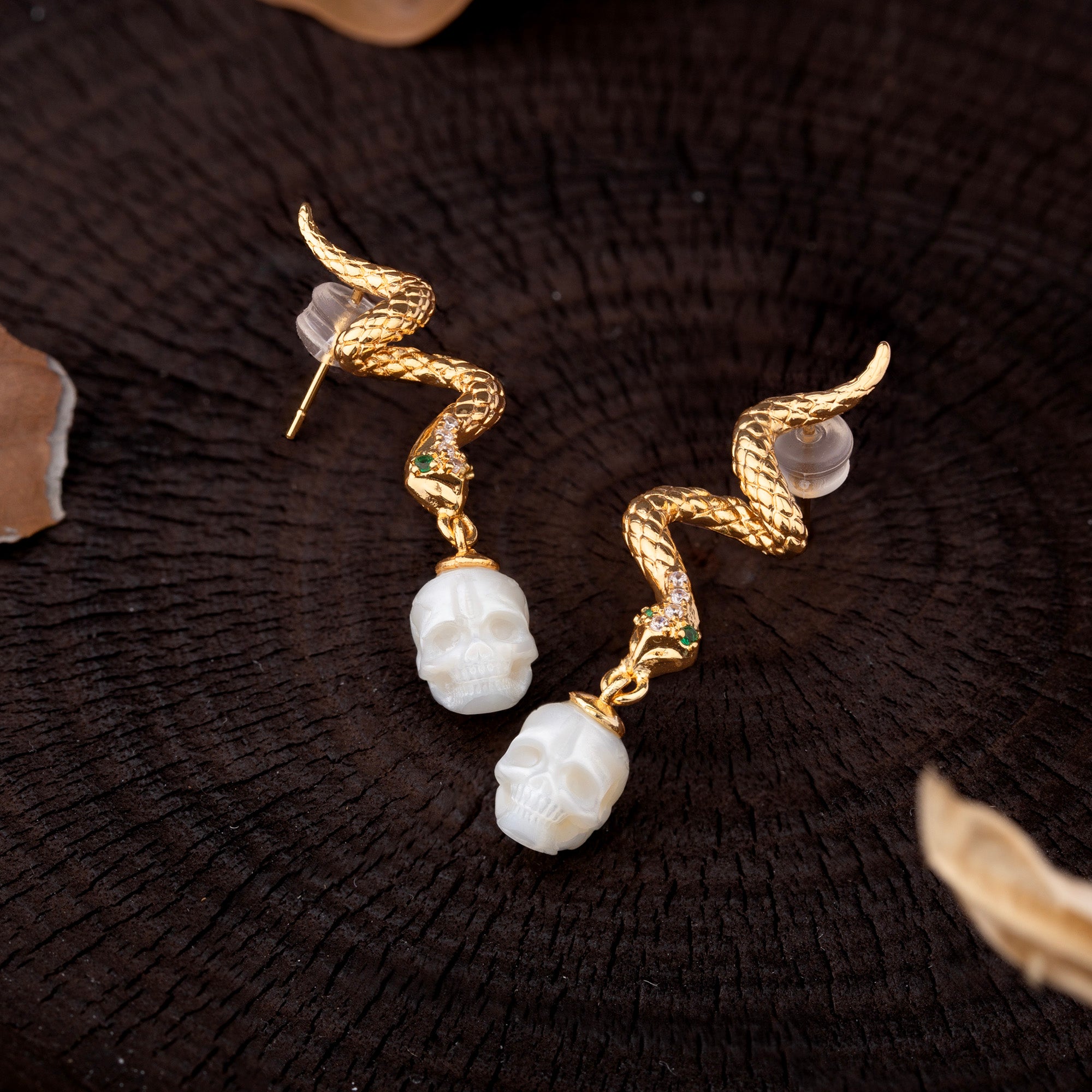 Gold Snake Pearl Skull Earrings