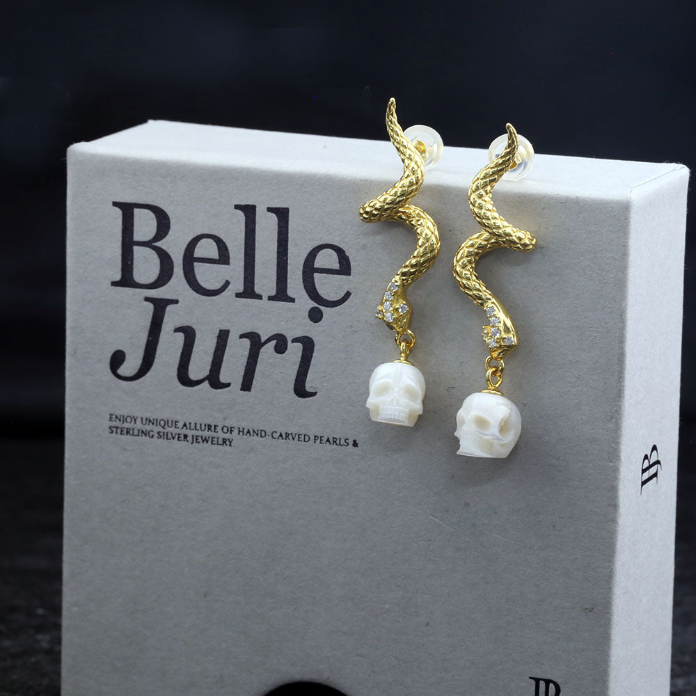 Gold Snake Pearl Skull Earrings