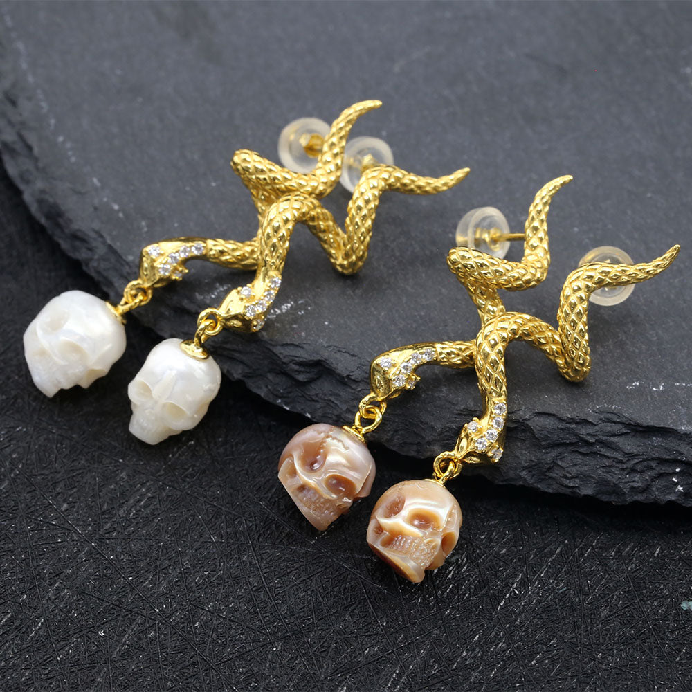 Gold Snake Pearl Skull Earrings