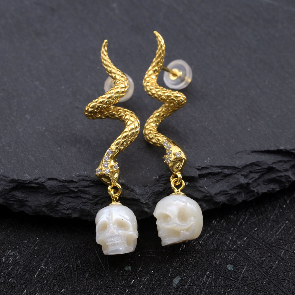 Gold Snake Pearl Skull Earrings