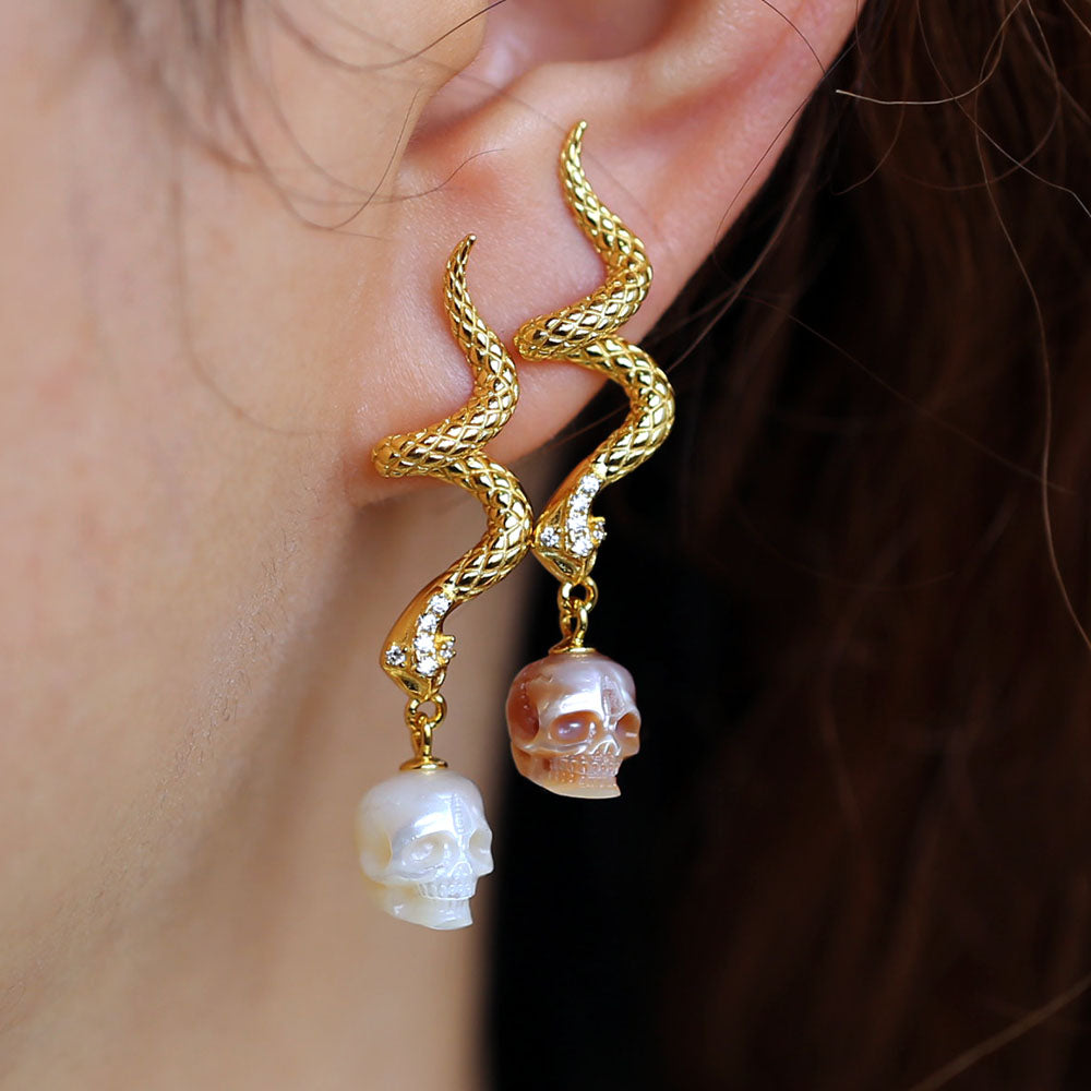 Gold Snake Pearl Skull Earrings