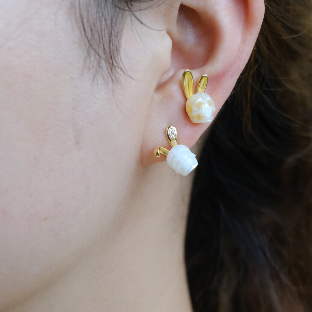 Bunny Ears Pearl Skull Stud Earrings