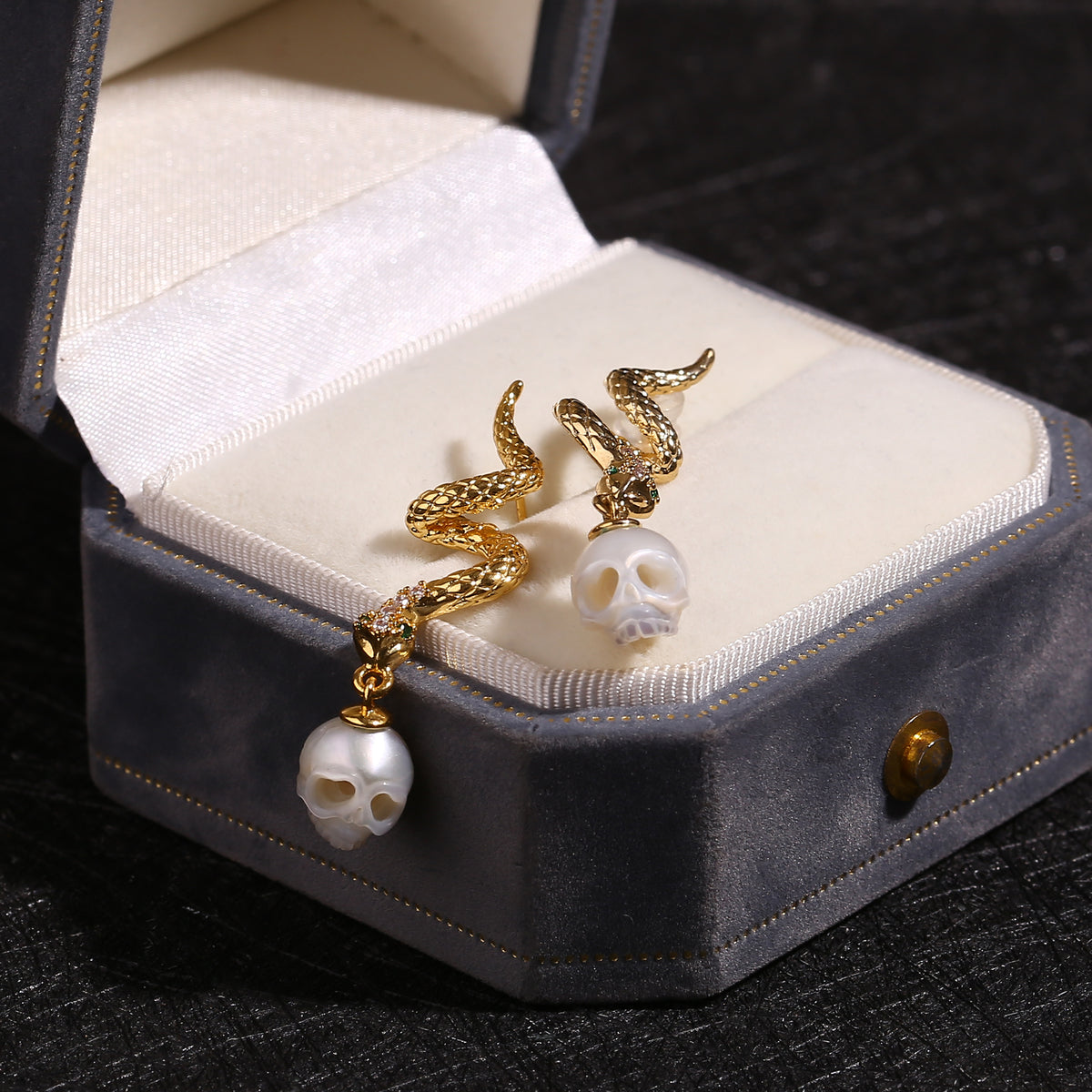 Gold Snake Pearl Skull Drop Earrings