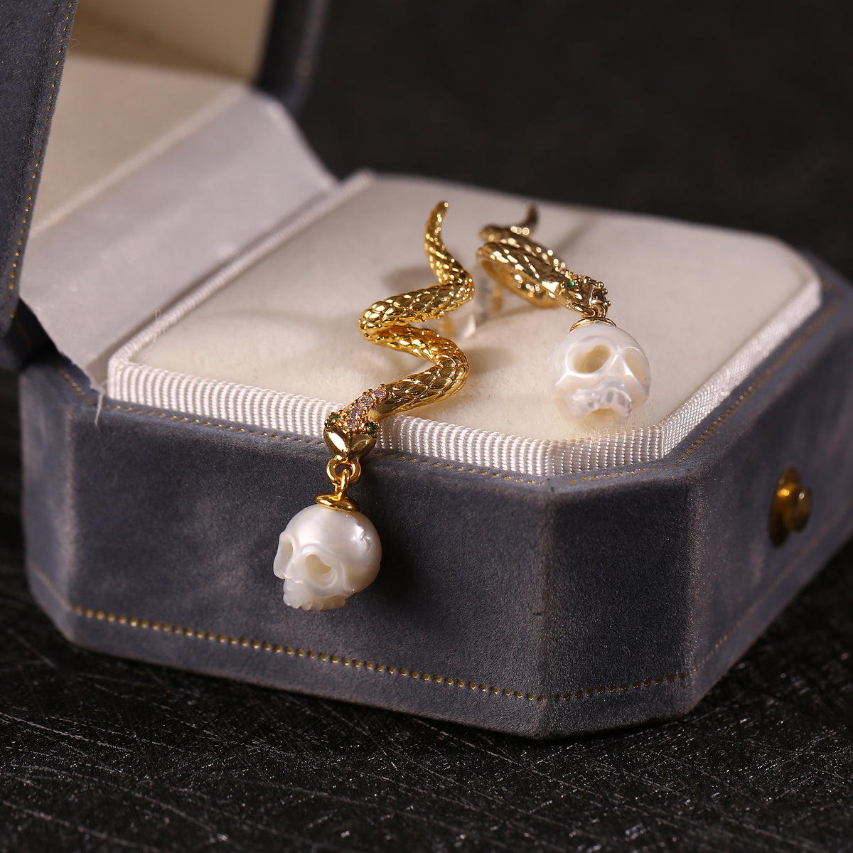 Gold Snake Pearl Skull Drop Earrings