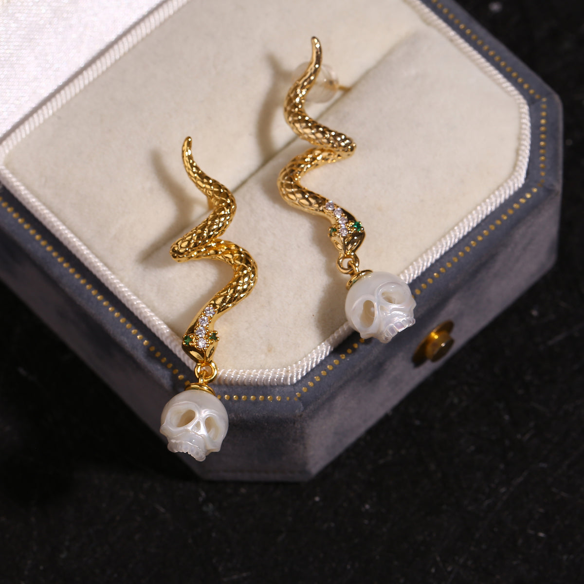 Gold Snake Pearl Skull Drop Earrings