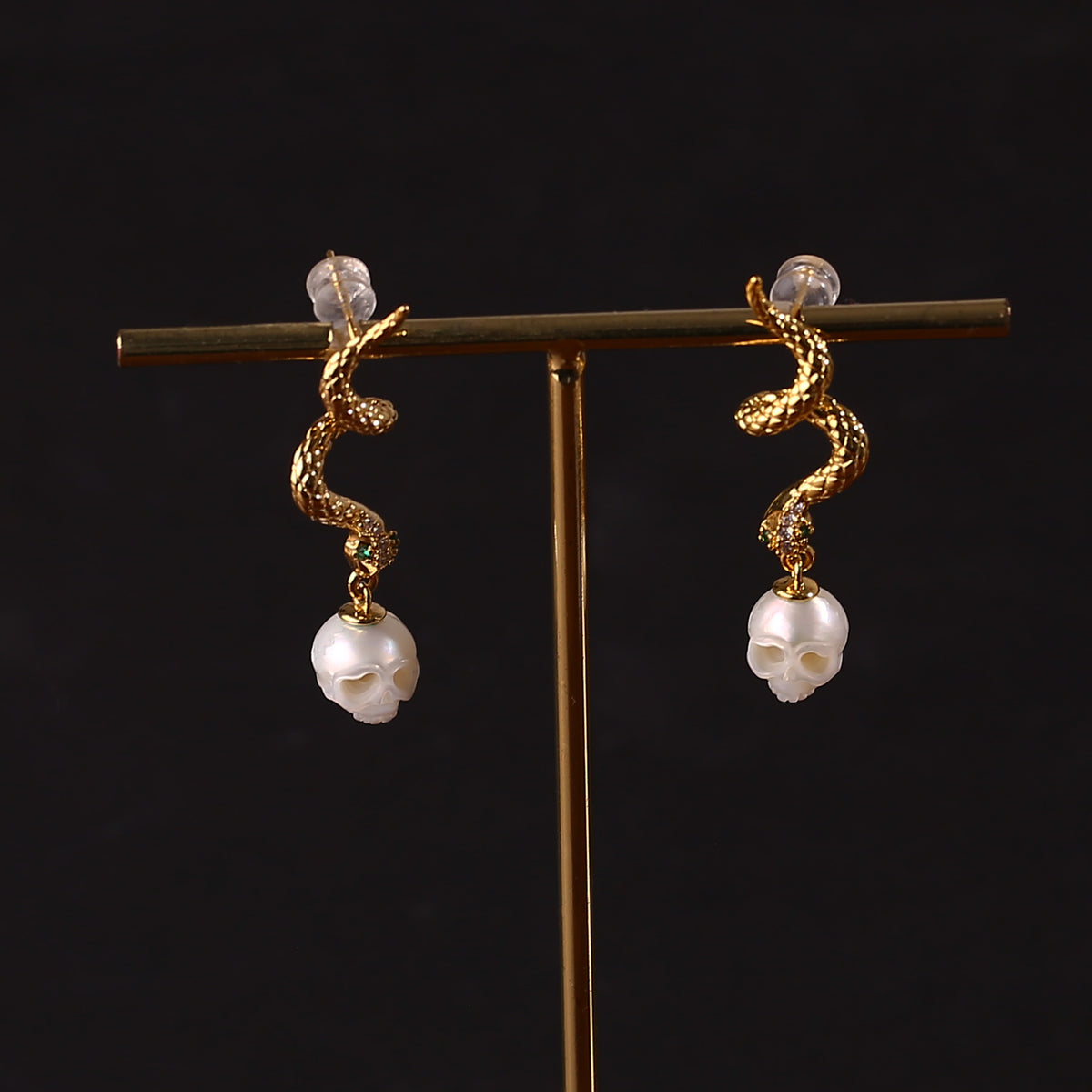 Gold Snake Pearl Skull Drop Earrings